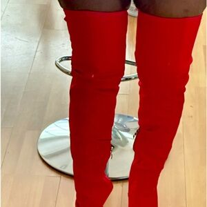 Stretchy fabric red thigh high boots
